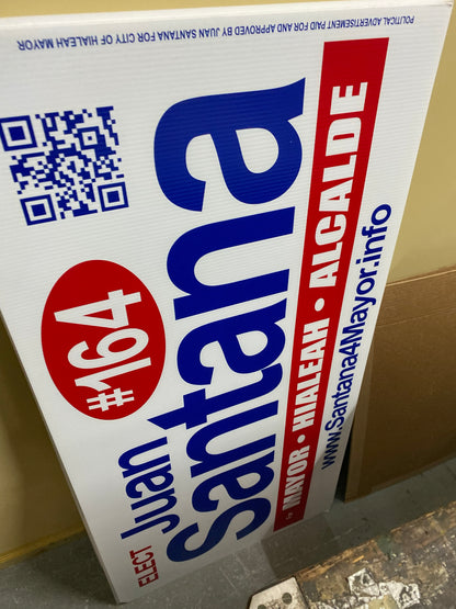 Political campaign sign for Juan Santana with a QR code and text.