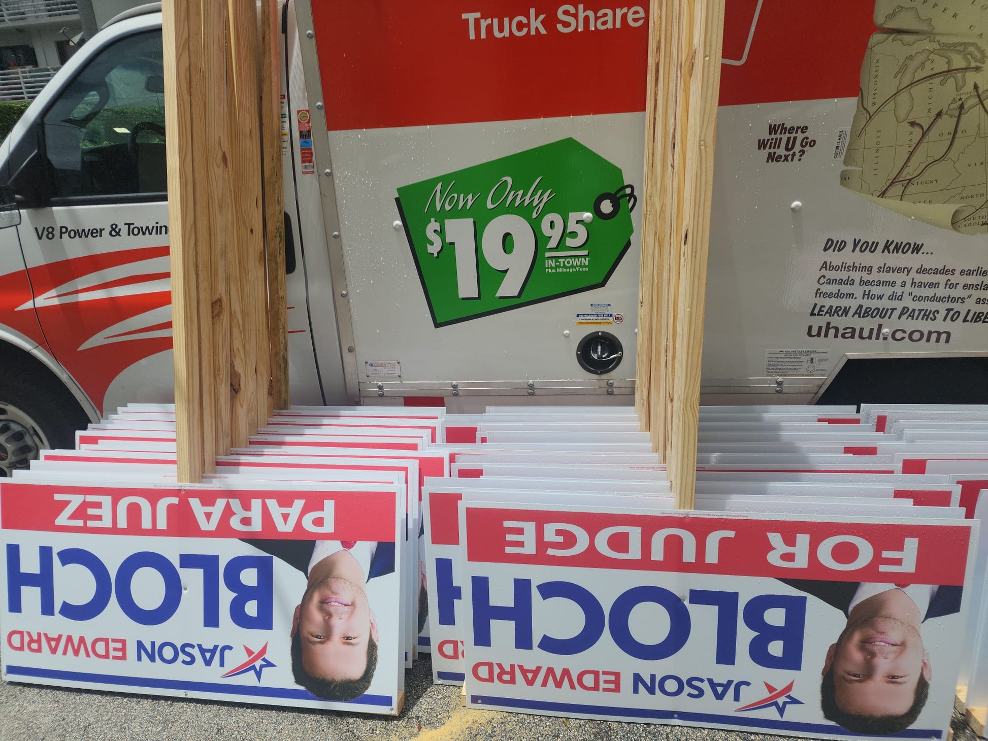 Stack of political campaign signs for Jason Edward Block 